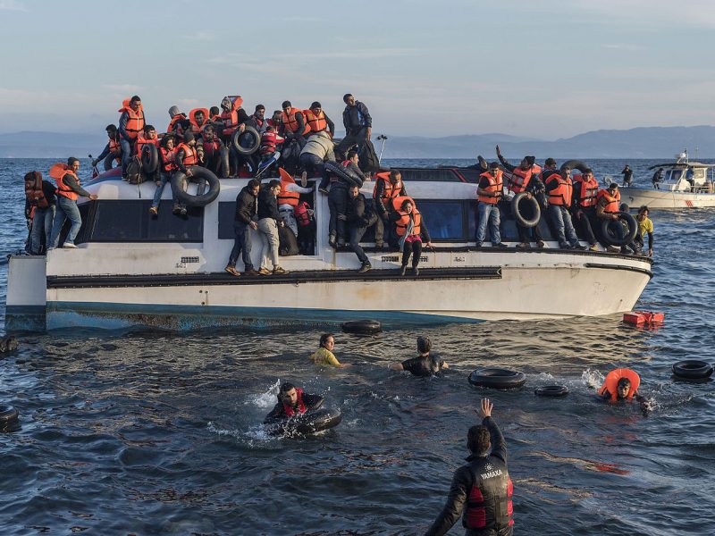 Syrians and Iraq refugees arrive at Skala Sykamias Lesbos Greece