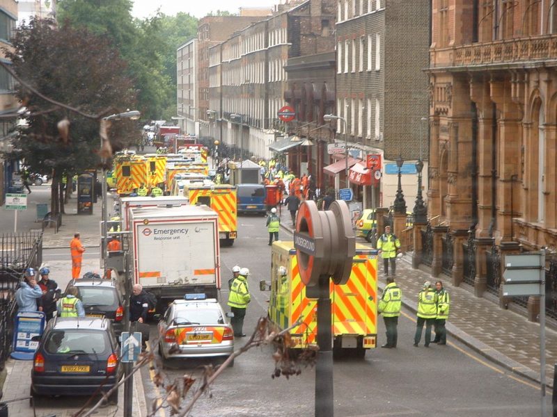 Ambulances at Russell Square, London after the 2005-07-07 bombings