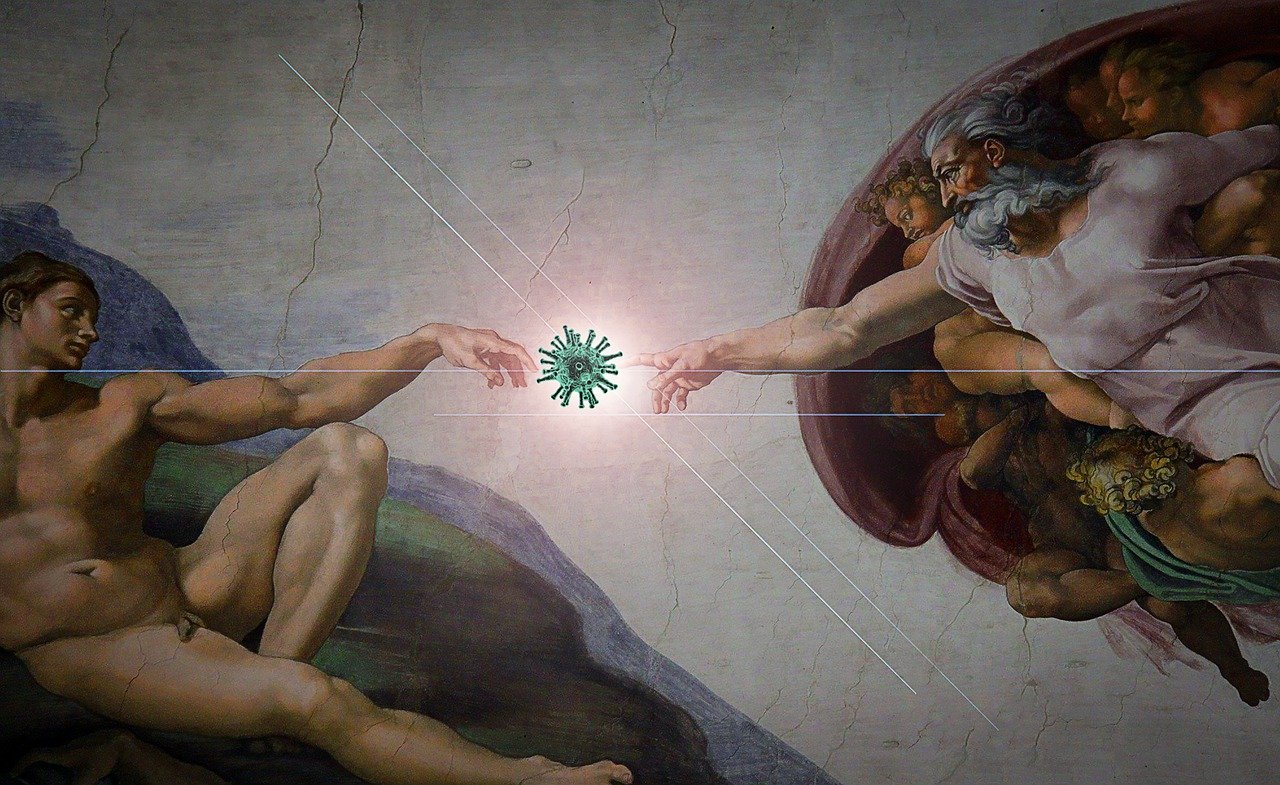 Pandemie - Erschaffung Adams von Michelangelo