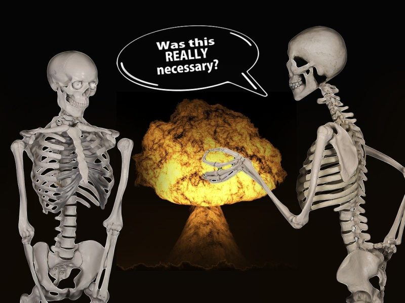 Skelette im Gespräch - Karikatur zum Atomkrieg
