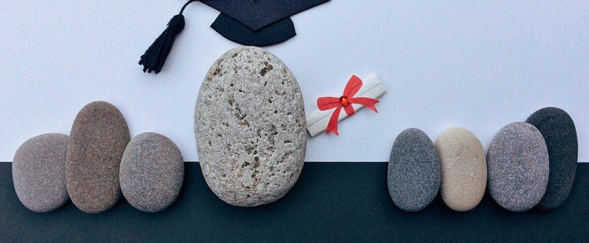 Stein mit "Doktorhut" und Diplom, umgeben von kleineren Steinen