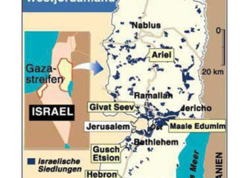 Landkarte mit israelischen Siedlungen in der Westbank (Stand 2005)