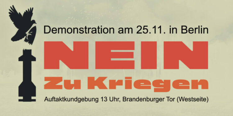 Banner "Nein zu Rüstungswahnsinn", Aufruf zur Demonstration am 25.11. in Berlin