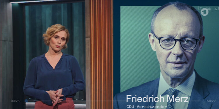 Caren Miosga und Friedrich Merz, Screenshot des Eröffnungsbilds der neuen Talkshow von Caren Miosga