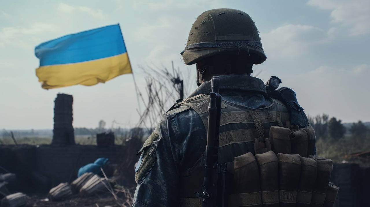 Ukrainischer Soldat vor Landesflagge