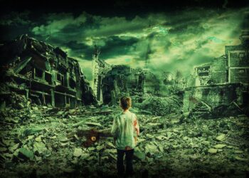 Kind vor zerbombten Häusern, fiktionales Symbolbild Kriegszerstörung