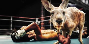 Boxendes Känguru mit am Boden liegenden Boxer