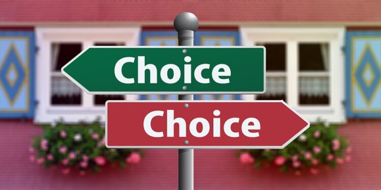 Richtungsschilder in grün und rot nach rechts und nach links mit der Aufschrift "Choice"