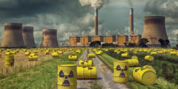 Atommüll in Fässern auf einem Feld vor Atomkraftwerk