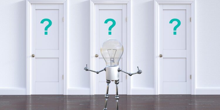 Glühbirnen-Mensch vor Türen mit Fragezeichen