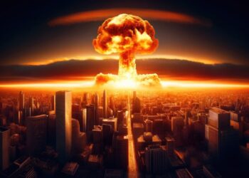 Atompilz über einer Großstadt nach der Explosion einer Atombombe