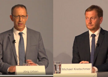 Kretschmer und Urban bei einer TV-Diskussion vor der Landtagswahl 2019, hier eine Montage, da beide Kandidaten nicht nebeneinander standen.