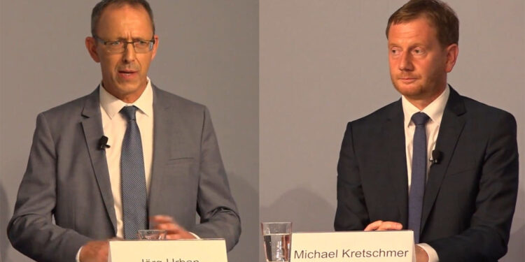 Kretschmer und Urban bei einer TV-Diskussion vor der Landtagswahl 2019, hier eine Montage, da beide Kandidaten nicht nebeneinander standen.