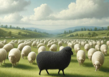 Schafhedre, im Vordergrund ein schwarzes Schaf, AI generiert