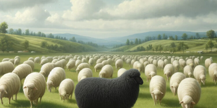 Schafhedre, im Vordergrund ein schwarzes Schaf, AI generiert