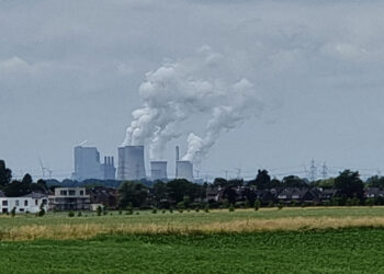 Braunkohlenkraftwerk hinter grüner Wiese und Dorf