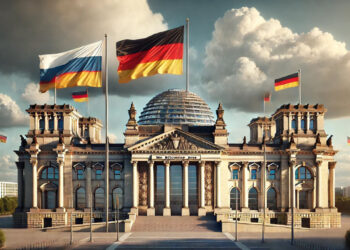 Reichstag mit russischer und deutscher Beflaggung, AI generiert
