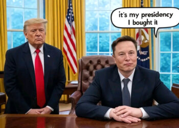 Karikatur, Elon Musk im weißen Haus am Oval Office Schreibtisch mit Donald Trump im Hintergrund. Screenshot von TikTok, User MangoCourt