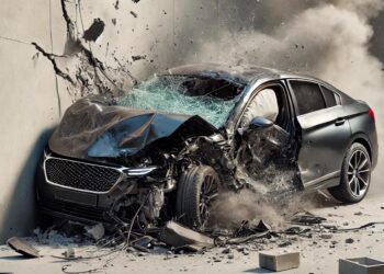 Schwarzes Auto an einer Mauer zerschellt, AI generiert