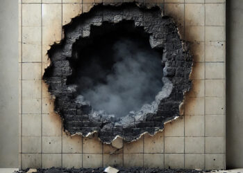 Brandmauer mit großem schwarzen Loch, AI generiert
