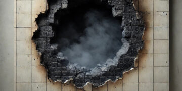 Brandmauer mit großem schwarzen Loch, AI generiert