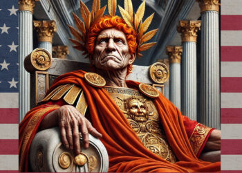 Caesar, der ein bisschen wie Trump aussieht, auf dem Caesarenthron mit US-Flagge im Hintergrund, AI-generiert