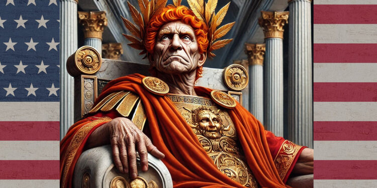 Caesar, der ein bisschen wie Trump aussieht, auf dem Caesarenthron mit US-Flagge im Hintergrund, AI-generiert