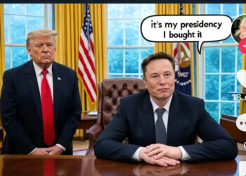 Screenshot TikTok, Musk am schreibtisch von Trump, der hinter im steht, Sprachblase "It*s my presendency, I bought it", Bildquelle User MangoCourt