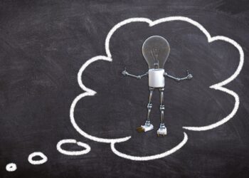 Gedankenblase mit Figur mit Glühbirnenkopf und ausgebreiteten Armen