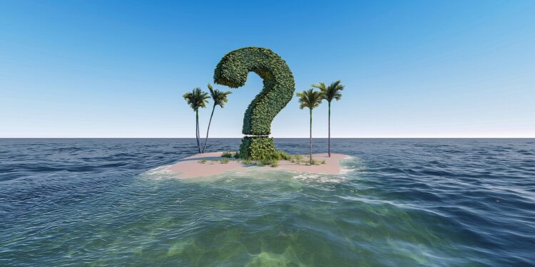 Großes grünes Fragezeichen auf einer kleinen Südseeinsel