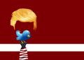 Trump-Perücke über Twitter-Vogel und Krawatte mit "stars and stripes"