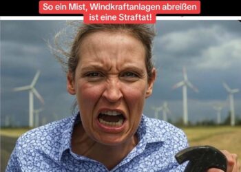Wütende Frau mit Ähnlichkeiten zu A. Weidel mit Hammer in der Hand und Sprucheinblendung "So ein ist, Windkraftanlagen abreißen ist eine Straftat", Screenshot TikTok