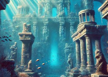 Atlatis als untergegangene Kulur. Unterwasseraufnahme von imposanten Ruinen, Tempeln, Statuen. AI generiert.