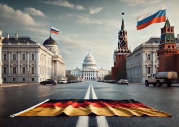 Deutsche Flagge auf der Strasse liegen zwischen dem Kreml auf der rechten Seite und amerikanischen Regierungsgebäuden auf der linken Seite, am Ende der Straße das Kapitol. AI generiert