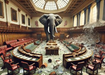 Elefant im Porzellanladen inmitten von vielen Scherbe, hier allerdings symbolisch ein Parlament. AI generiert