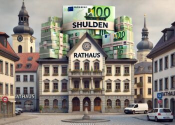 Bild eines alten Rathauses mit einem Turm von Geldscheinen als Symbol für Schulden auf dem Dach., AI generiert