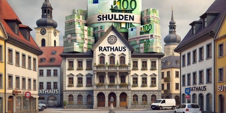 Bild eines alten Rathauses mit einem Turm von Geldscheinen als Symbol für Schulden auf dem Dach., AI generiert
