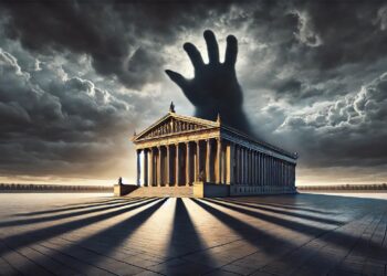 Schattenhand greift nach einem Parlament, AI generiert