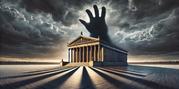 Schattenhand greift nach einem Parlament, AI generiert