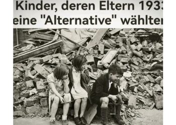 Screenshot Tik Tok: Kinder sitzen auf Trümmern, darüber dieÜberschrigt "Kinder, deren Eltern 1933 eine "Alternative" wählten"