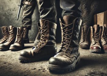 Springerstiefel vor düsterem Hintergrund, AI generiert