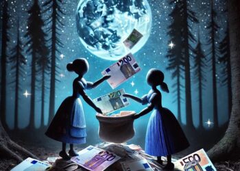 2 Sterntalerammlerinnen, wobei die Sterntaler Euroscheine sind, AI generiert