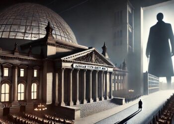 Auf der linken Seite der Bundestag, schematisch dargestellt, rechts ein riesiger schwarzer Schatten.AI generiert