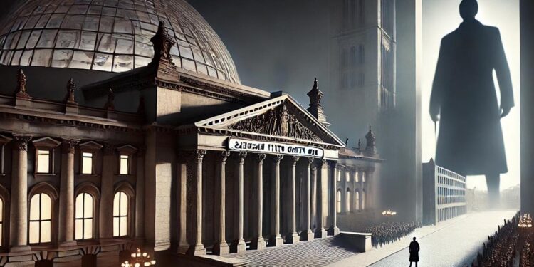 Auf der linken Seite der Bundestag, schematisch dargestellt, rechts ein riesiger schwarzer Schatten.AI generiert