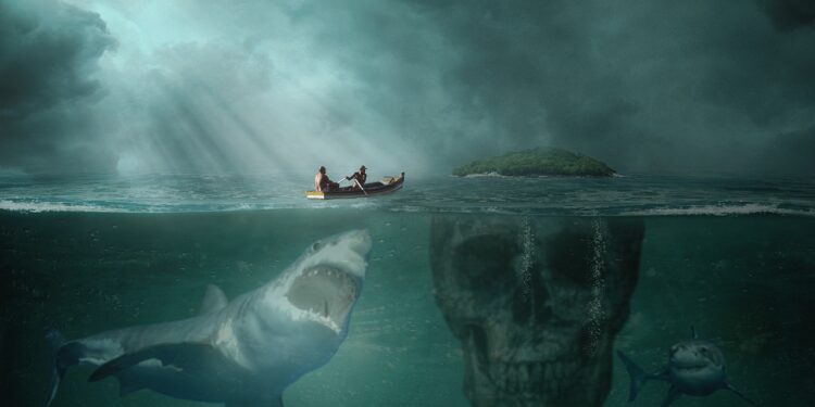Boot auf dem Meer steuert auf eine Insel zu. die ist für den Betrachter der obere Teil eines Totenschädels, unter der Wasseroberfläche lauert ein riesiger Hai, der das Maul aufreißt