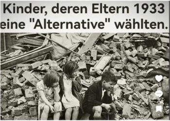 Screenshot Tik Tok: Kinder sitzen auf Trümmern, darüber dieÜberschrigt "Kinder, deren Eltern 1933 eine "Alternative" wählten"