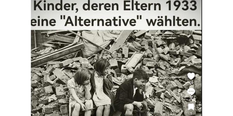 Screenshot Tik Tok: Kinder sitzen auf Trümmern, darüber dieÜberschrigt "Kinder, deren Eltern 1933 eine "Alternative" wählten"