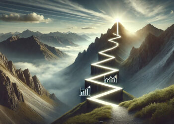 Symbolbild. Steiler Weg zu einem Berggipfel. Links udn rechts sind zwei Business-Grafiken eingeblendet. AI generiert.