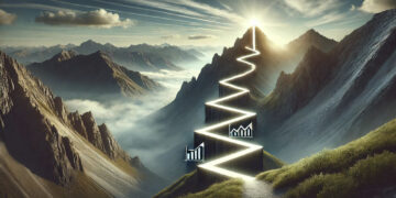 Symbolbild. Steiler Weg zu einem Berggipfel. Links udn rechts sind zwei Business-Grafiken eingeblendet. AI generiert.