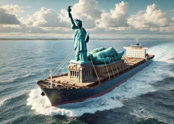 Die Freiheitsstatue wird auf einem Schiff stehend abtransportiert, KI generiert